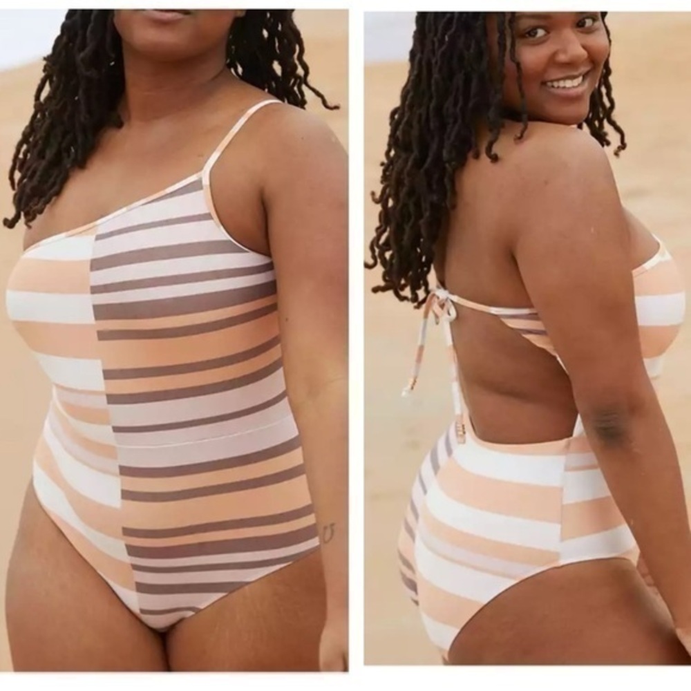 Aerie AE Printed One Shoulder One Piece Bathing Suit peach Gray Tan SL